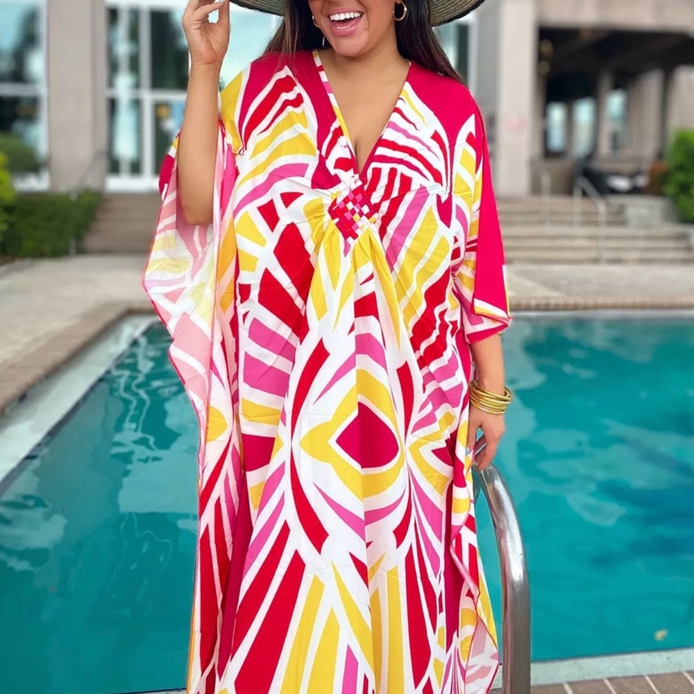 Roper Romp Multicolor Bright Pink Yellow Geometric Kaftan Maxi Dress